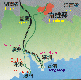 Map showing Nanxiong in relation to the better known cities of Guangzhou and Hong Kong.